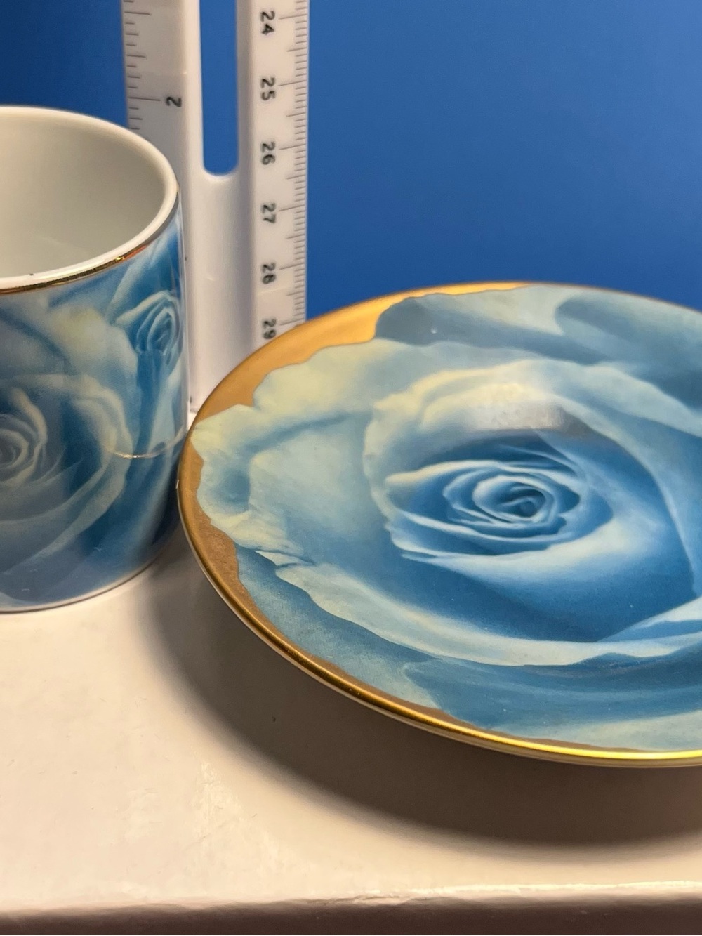 Vintage CC&T Mini blue Rose Cup and Saucer with Gold Trim